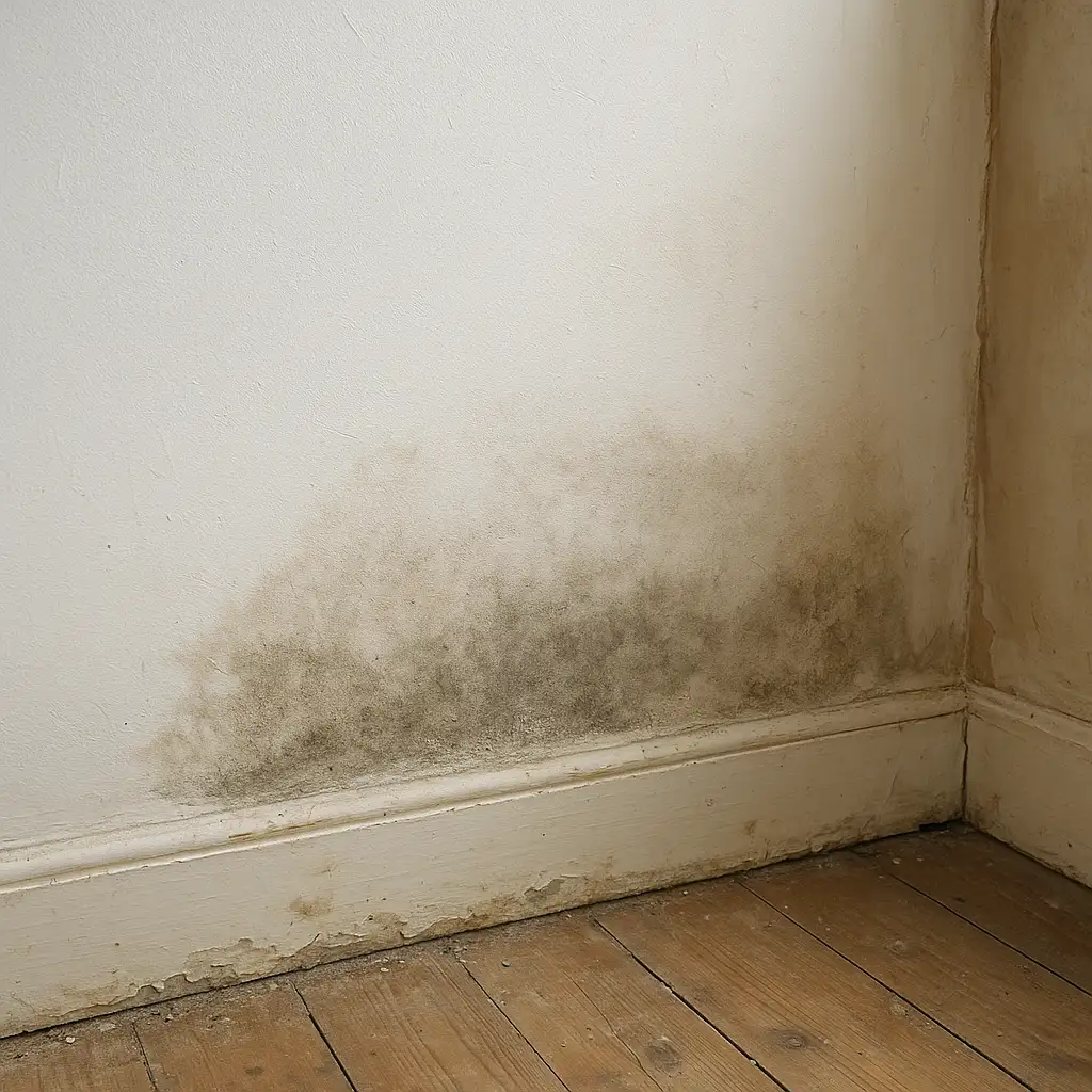 Auréole d’humidité sur un mur intérieur avec plinthe abîmée