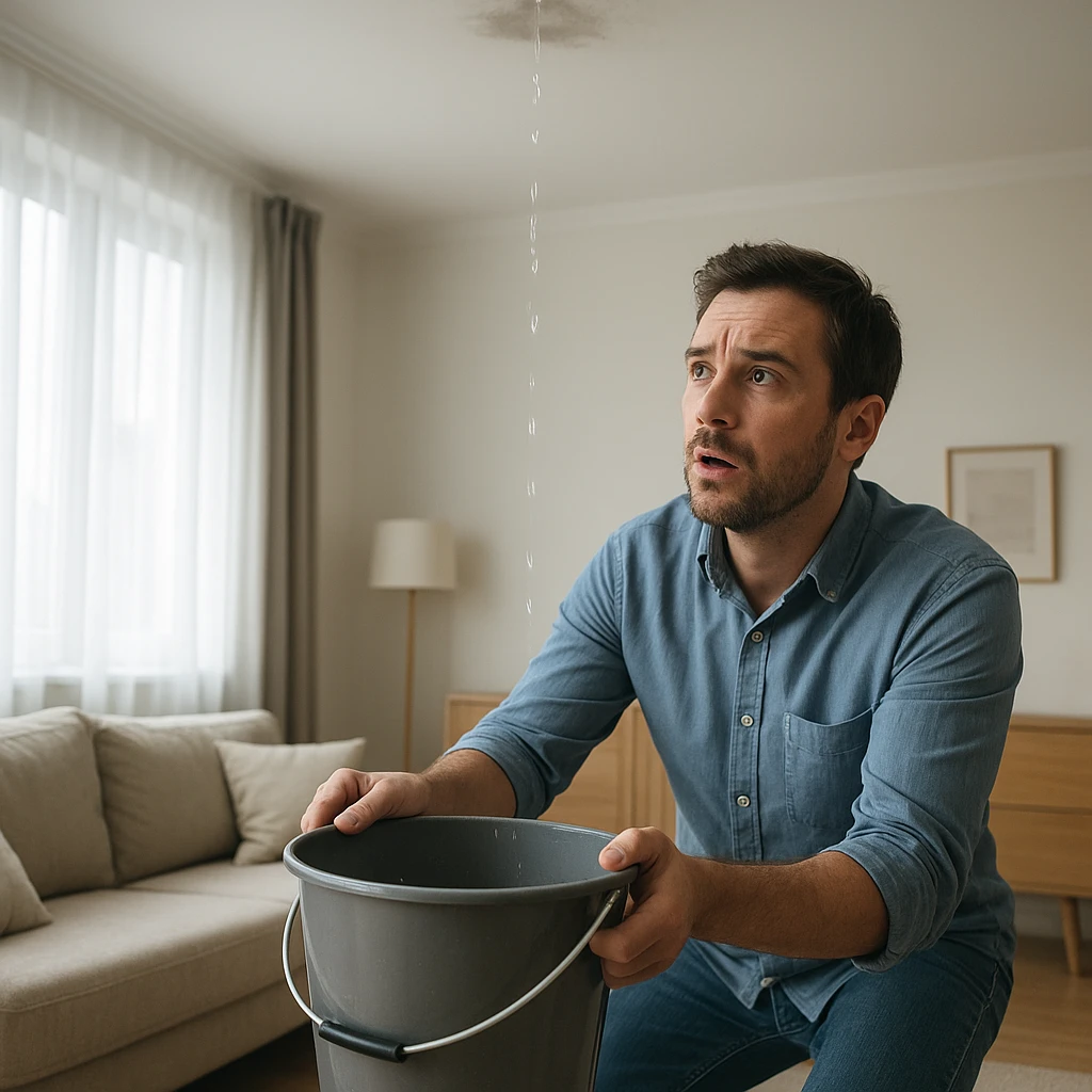 Seau placé sous une infiltration de toiture dans un intérieur