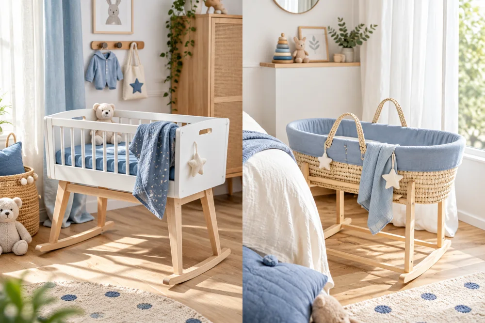 Chambre de bebe lumineuse avec deux espaces de couchage: un lit blanc sur pieds et un berceau en osier bleu, decor en bois et peluches