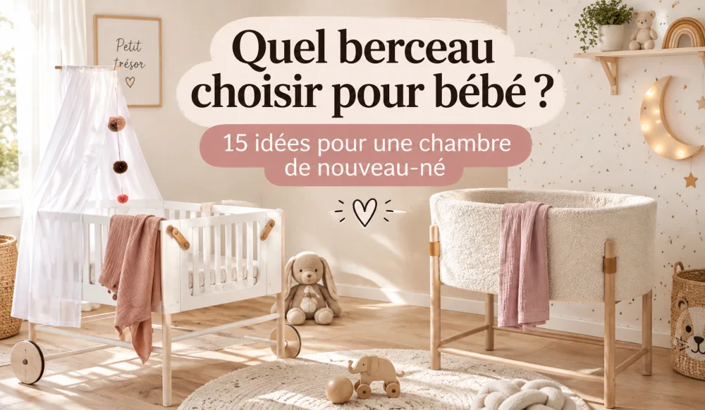 Chambre de bebe lumineuse avec lit blanc sur roues à gauche et bassinette ronde claire à droite, décor lune et étoiles sur le mur.