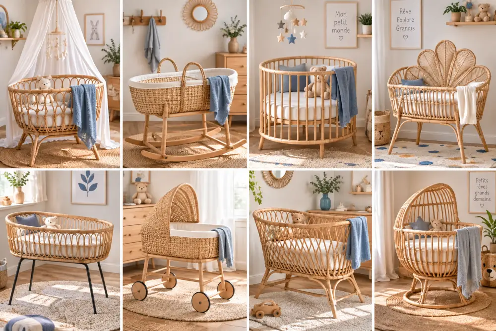 Collage de berceaux et nacelles en rotin disposés dans une chambre de bebe, avec linge bleu et decor en bois clair