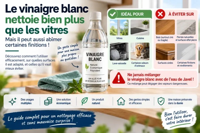 Vinaigre blanc pour le ménage : utilisations, surfaces à éviter et précautions 2 bouteille en verre de vinaigre blanc au centre, plan de travail en bois, linge vert plié à gauche et infographies colorées à droite