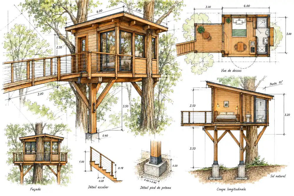 Construire une cabane dans les arbres à louer : budget complet, terrain, travaux et rentabilité 4 illustration technique montrant une cabane en bois sur pilotis entourée d arbres avec plan et elevations