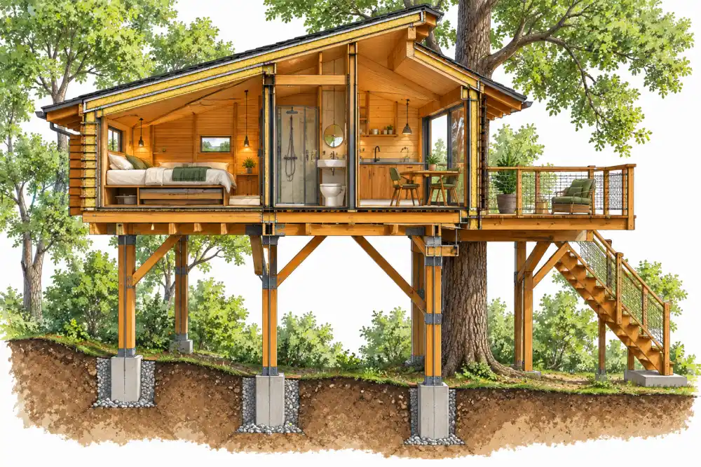 Construire une cabane dans les arbres à louer : budget complet, terrain, travaux et rentabilité 7 vue d une cabane sur pilotis en bois montrant chambre a gauche, salle de bains au centre et coin cuisine avec balcon a droite.