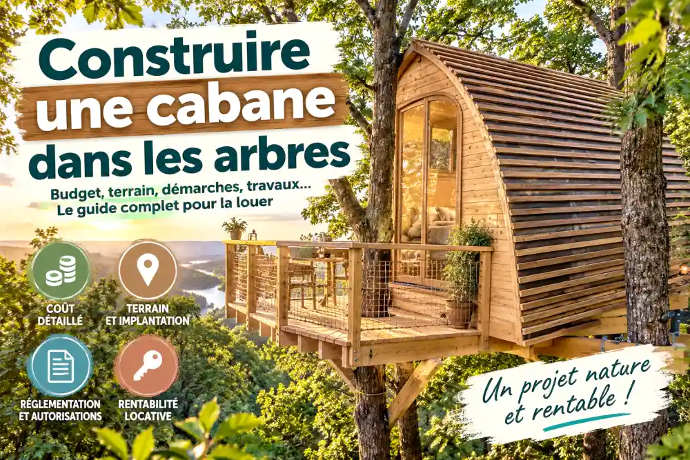 Construire une cabane dans les arbres à louer : budget complet, terrain, travaux et rentabilité 5 cabane en bois arrondie accrochée à un arbre avec terrasse en bois et rambarde, près d'une forêt au soleil