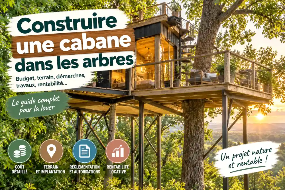 Construire une cabane dans les arbres à louer : budget complet, terrain, travaux et rentabilité 6 affiche surimpression blanche et bois indiquant 'Construire une cabane dans les arbres' au-dessus d'une cabane en bois