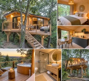 Construire une cabane dans les arbres à louer : budget complet, terrain, travaux et rentabilité 3 cabane en bois sur pilotis entourée d’arbres, terrasse éclairée, vue forêt, intérieur montrant un lit double, une cuisine et une salle de bains