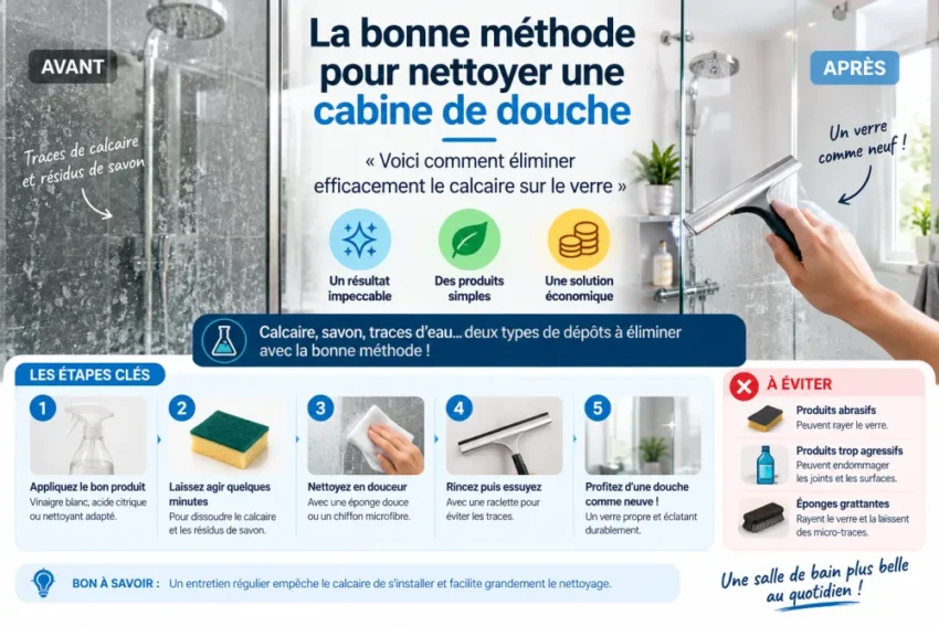 La bonne méthode pour nettoyer une cabine de douche : voici comment éliminer efficacement le calcaire sur le verre 1 cabine de douche avec porte en verre: côté gauche sale avec traces de calcaire, côté droit propre avec une main utilisant une raclette