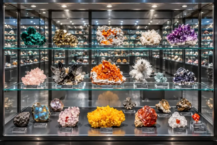 Vitrine en verre et métal avec plusieurs étages affichant des cristaux colorés et des géodes disposés sur des socles