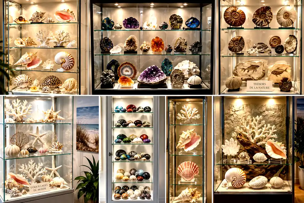 Minéraux et fossiles : créez une collection fascinante et transformez-la en déco ! 4 Vitrine éclairée regroupant des minéraux colorés, des coquillages, des coraux et des fossiles disposés sur plusieurs étagères en verre.