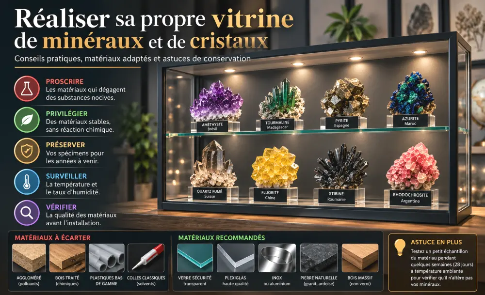 Minéraux et fossiles : créez une collection fascinante et transformez-la en déco ! 3 Vitrine en verre éclairée avec deux étages de cristaux colorés et leurs étiquettes lisibles (améthyste, tourmaline, pyrite, azurite, quartz fumé, fluorite, stibine et rhodochrosite).