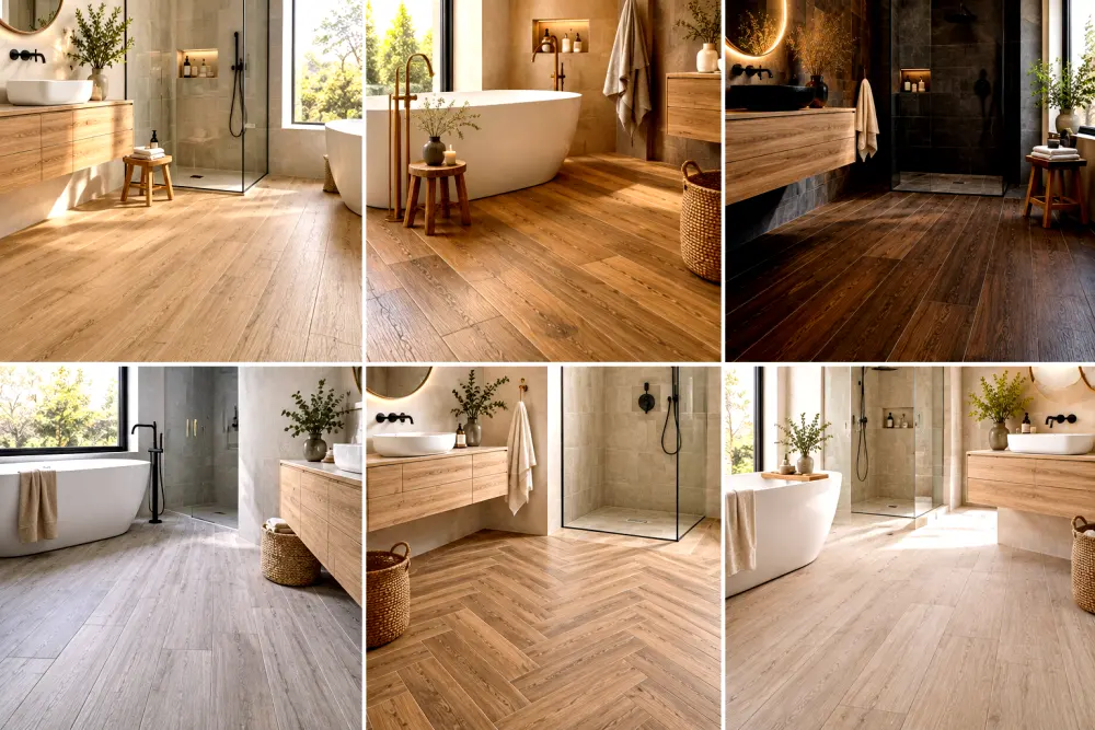 Vue composite dune salle de bains, sols imitation parquet, baignoire libre, douche vitrée et mobilier en bois clair dans une lumière naturelle.