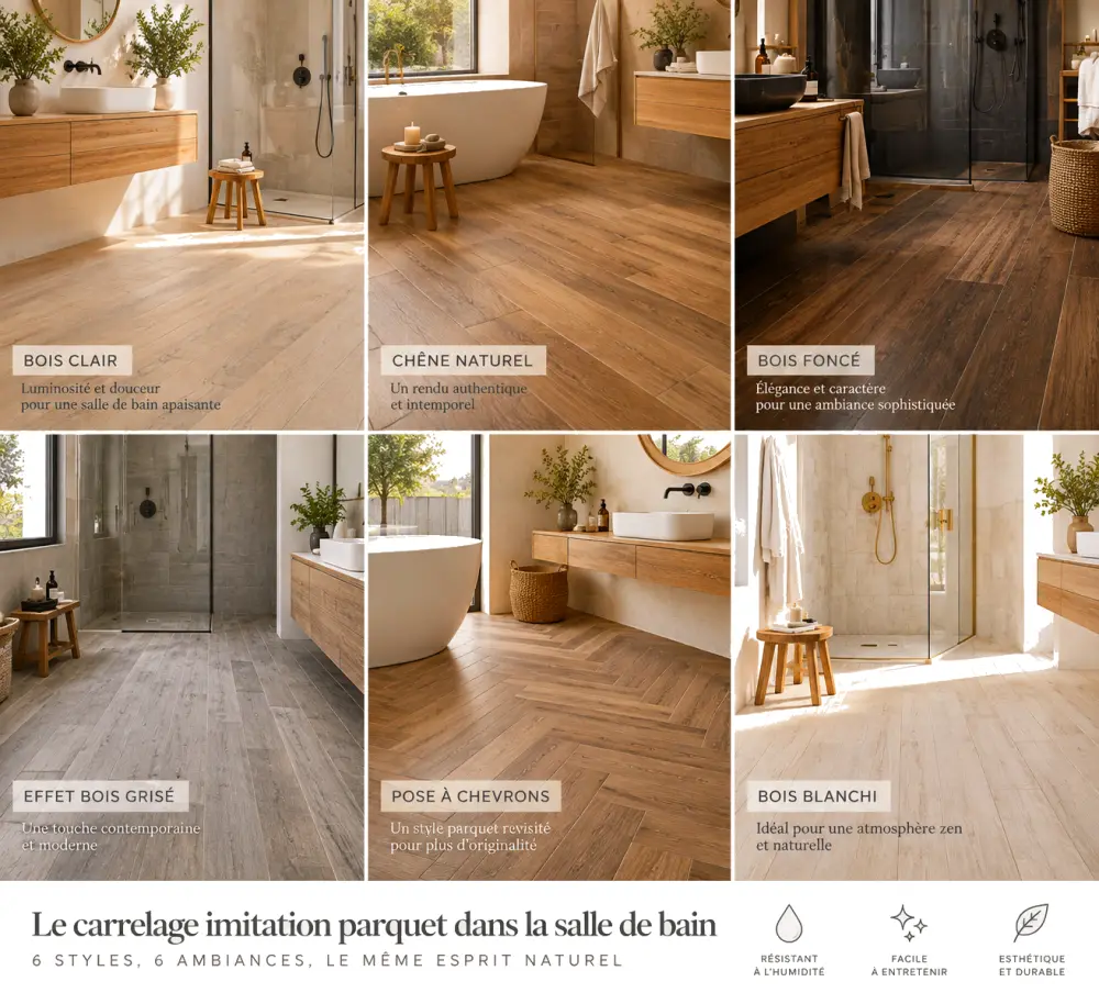 Six vues de salle de bains montrant des sols imitation bois avec étiquettes bois clair, chêne naturel, bois foncé, grisé, pose à chevrons et bois blanchi