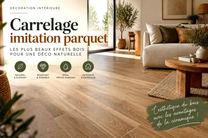 Carrelage imitation parquet : les plus beaux effets bois pour une déco naturelle 1 sol en carrelage imitation parquet bois clair dans salon lumineux avec canape beige a droite et table basse ronde en bois entoure de plantes
