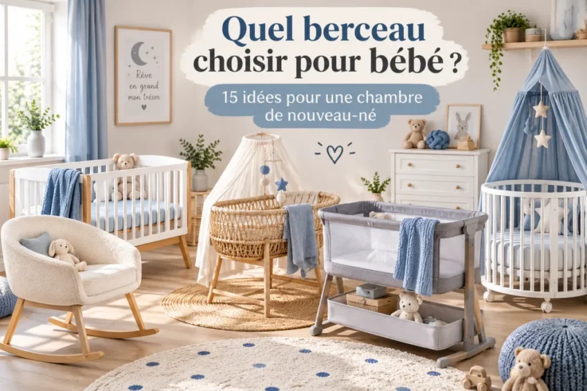 Quel berceau choisir pour bébé ? 15 idées pour une chambre de nouveau-né 1 nurserie lumineuse avec trois berceaux: berceau en bois à gauche, nacelle en osier au centre et berceau gris à droite; plantes