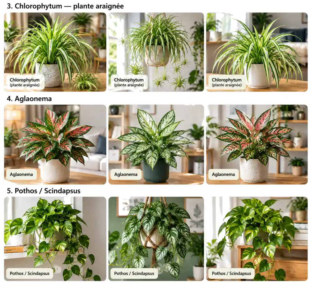 collage avec trois plantes araignees en pots, puis trois aglaonemas et trois pothos dans un intérieur lumineux