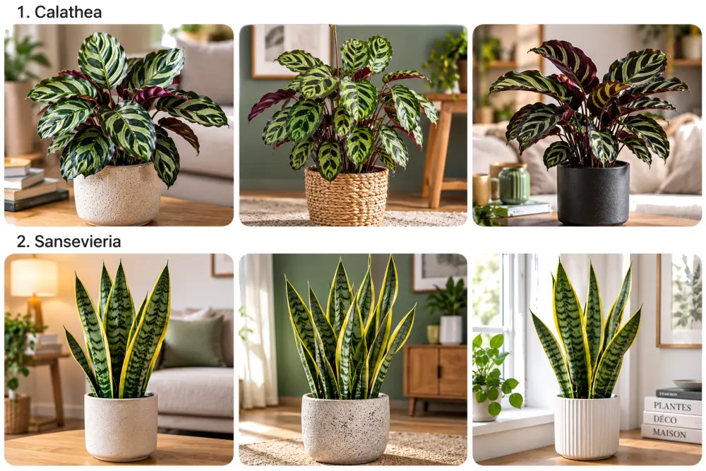 collage de six plantes d intérieur: calathea variegée en pots beige, tressé et noir; sansevieria à bords jaunes en pots gris et blanc