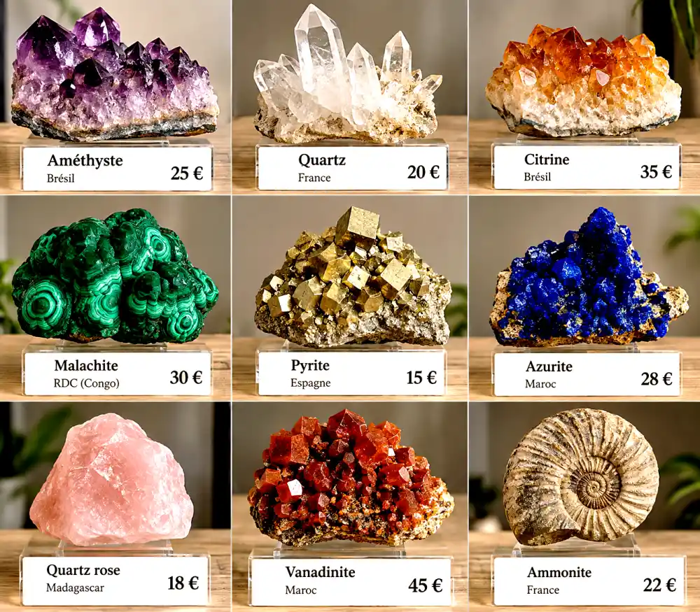 Minéraux et fossiles : créez une collection fascinante et transformez-la en déco ! 2 Neuf échantillons minéraux colorés et un fossile ammonite visible dans le coin inférieur droit, alignés sur une table en bois.