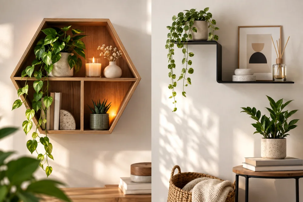 Vue d’ensemble d’un mur intérieur avec deux étagères murales, hexagonale en bois et noire, ornées de plantes vertes, bougie et accessoires.