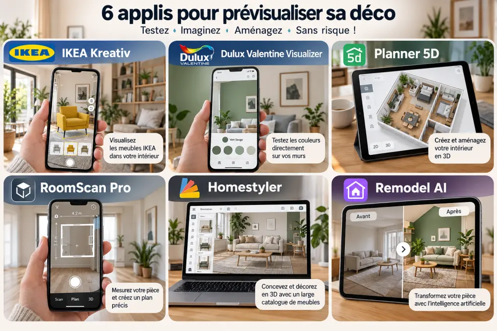 Collage de six panneaux publicitaires d'applications déco 3D affichant des intérieurs sur smartphone et tablette, dans un salon lumineux.