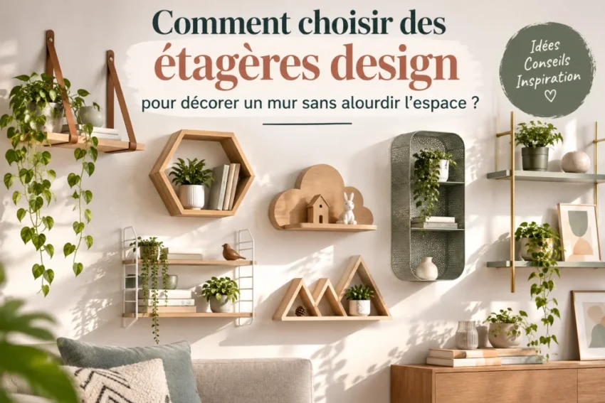 mur beige orne de diverses etageres design en bois et metal, plantes vertes en pot et petits objets decoratifs