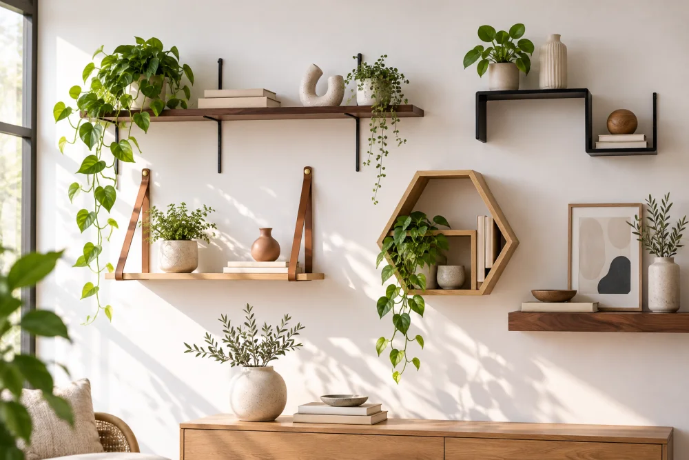 vue d’un mur clair garnit d’étagères en bois associées à des montants noirs, plantes luxuriantes, poteries et cadres disposés harmonieusement