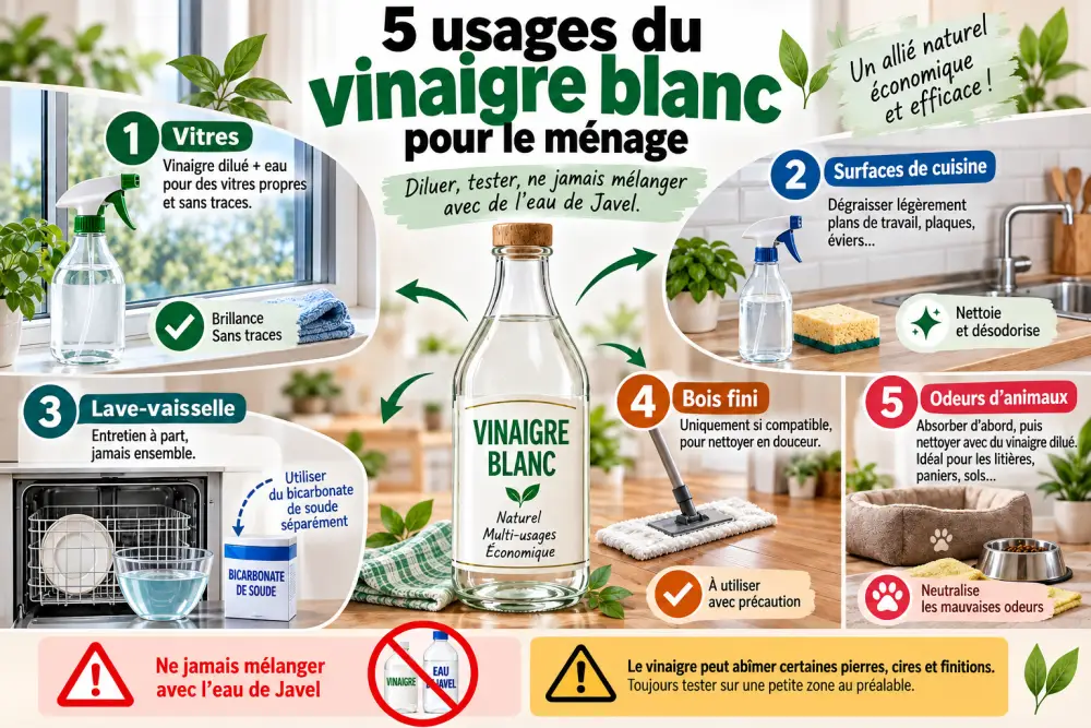 bouteille transparente de vinaigre blanc au centre, entourée de cinq sections illustrant les usages domestiques pour le ménage