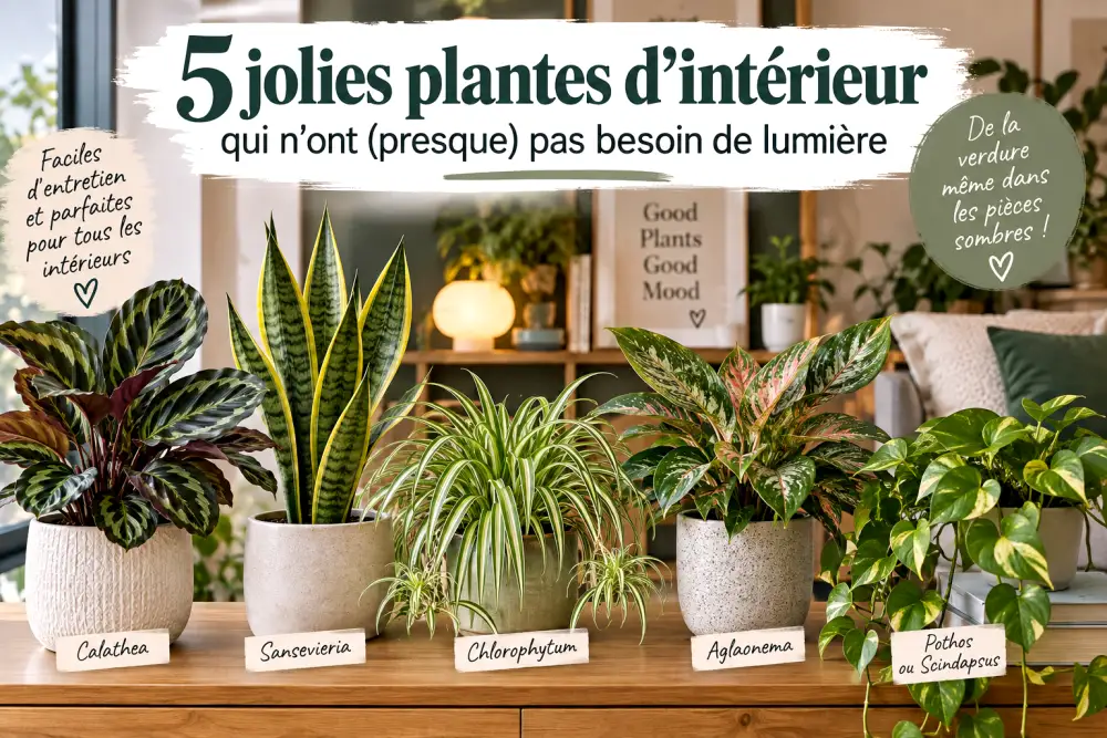 Cinq plantes d’intérieur en pots alignées sur une etagere en bois, étiquettes manuscrites indiquant leurs noms.