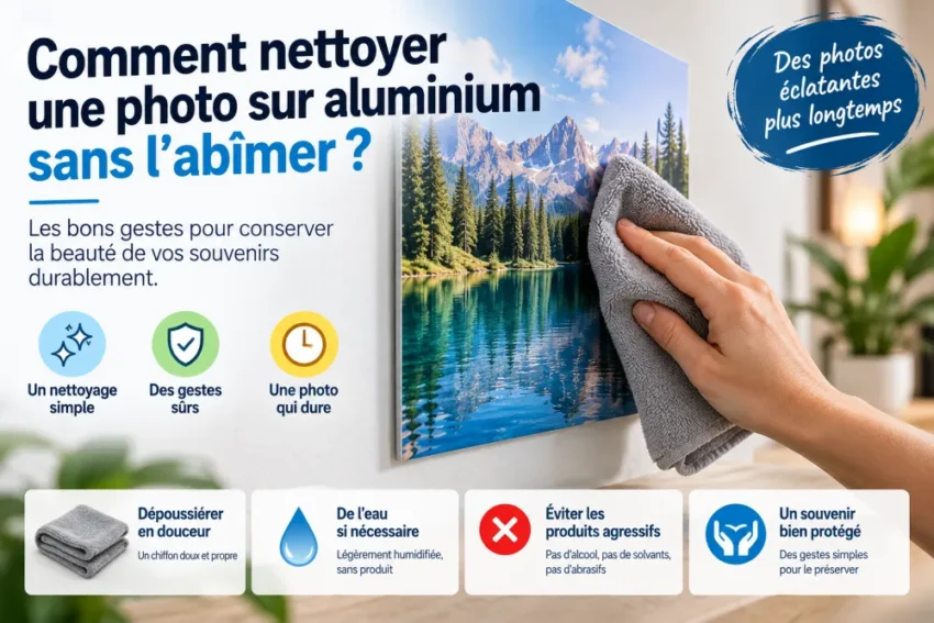 Comment nettoyer une photo sur aluminium sans l’abîmer ? Les bons gestes à adopter 3 Une main tient un chiffon gris et nettoie une grande impression panoramique montrant des montagnes et un lac, fixée sur un panneau aluminium.
