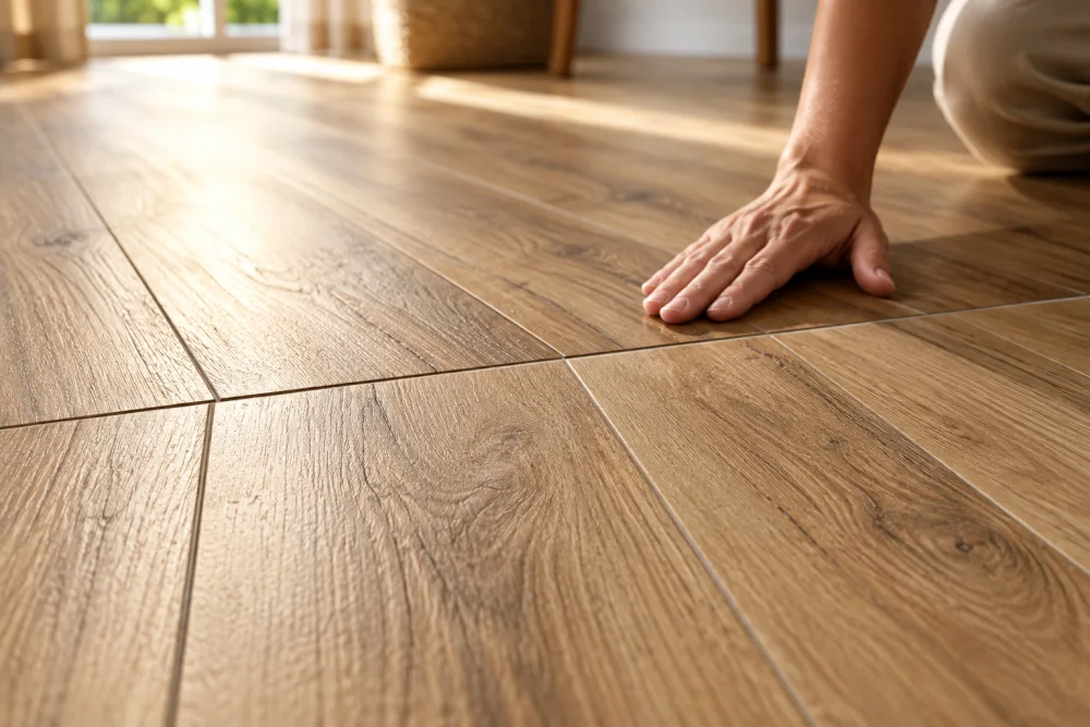 Une main posée à plat sur un sol en carrelage imitation parquet, éclairage naturel chaud.