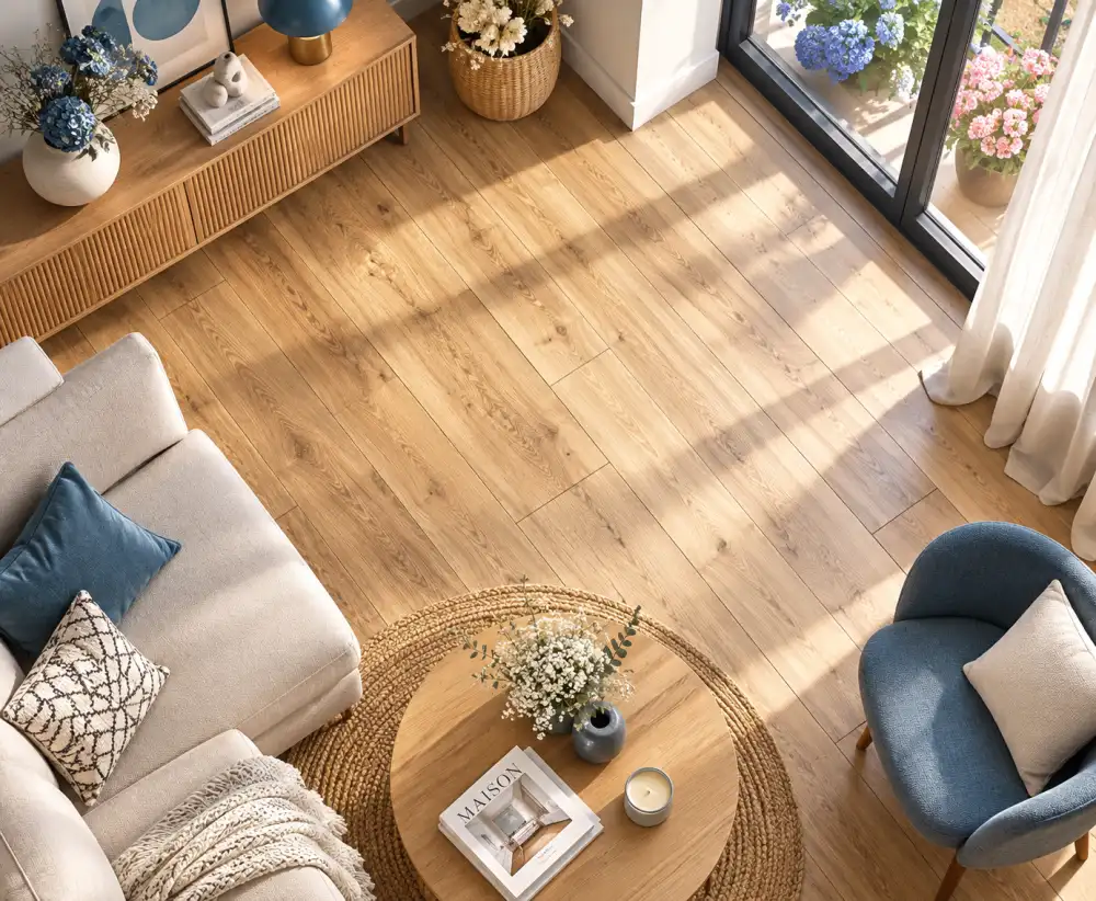 Comment bien choisir son parquet flottant ? 4 vue aérienne d'un salon avec parquet bois clair, canapé beige et coussins bleus, table ronde près d'une baie vitrée, magazine MAISON sur la table
