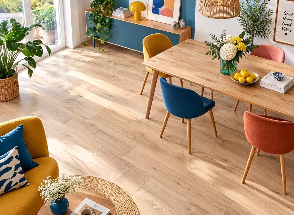 Comment bien choisir son parquet flottant ? 3 Salle à manger lumineuse avec parquet clair, table en bois entourée de chaises jaune bleu et corail, plantes et affiche Good Home Good Vibes