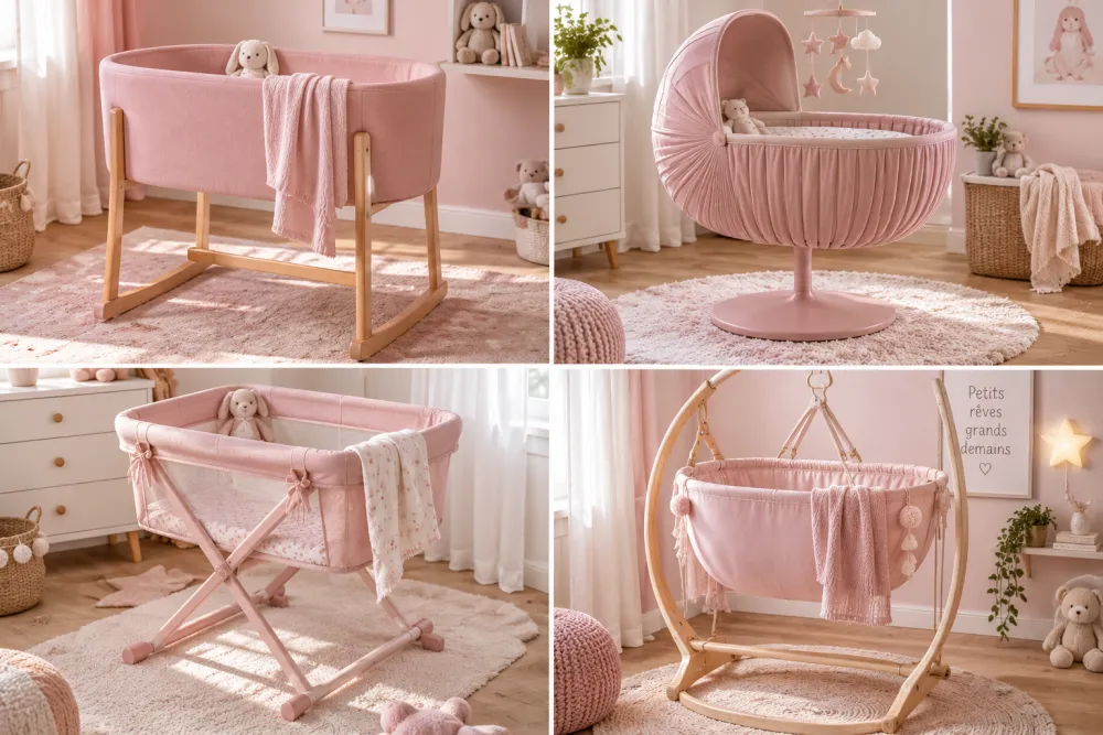 Quatre vues d'une chambre de bebe rose affichant differents berceaux, tapis moelleux et peluches, avec une decoration murale mentionnant 'Petits reves grands demain'