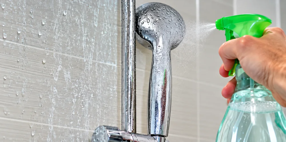 une main saisissant un spray vert dirigé vers une robinetterie de douche chromée, avec de nombreuses gouttes sur le mur