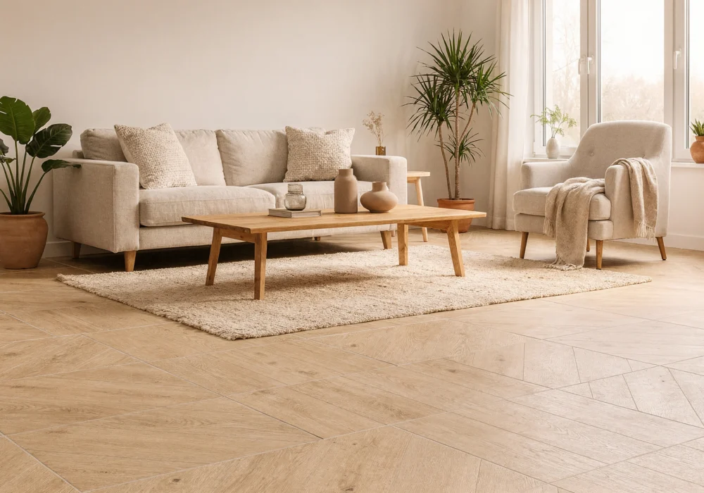 Salon lumineux avec carrelage imitation parquet effet chêne clair