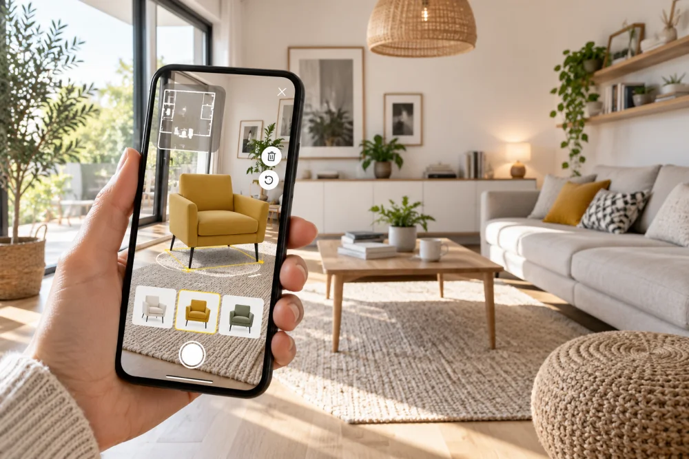 main tenant un smartphone montrant une interface AR qui insère une chaise jaune virtuelle dans salon lumineux avec canapé gris et table en bois
