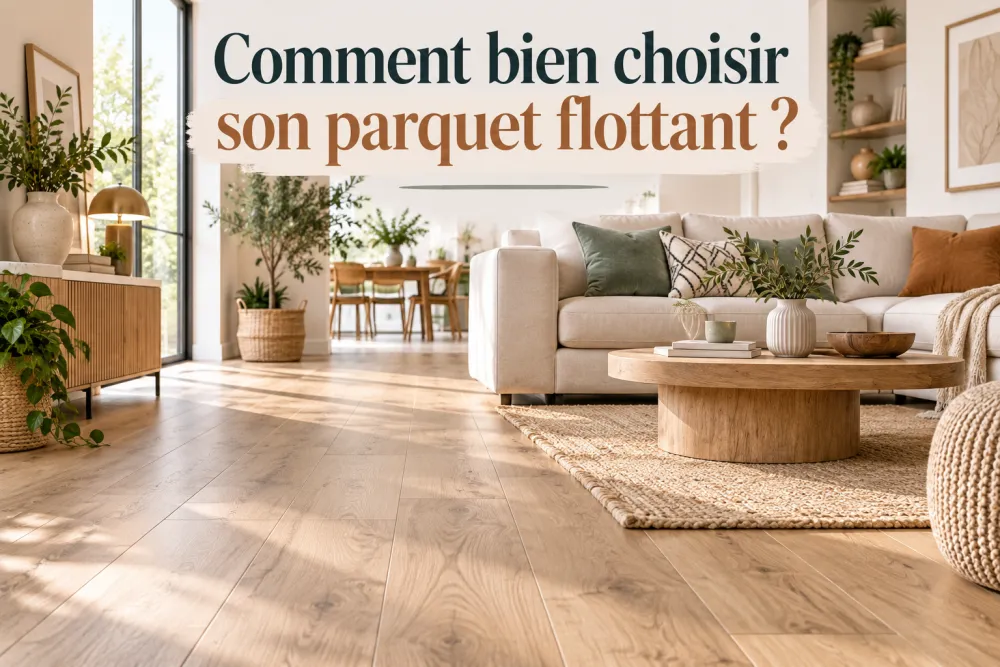 Comment bien choisir son parquet flottant ? 2 Salon lumineux avec canapé beige, table basse ronde en bois, tapis tissé et abondantes plantes en pot près d'une fenêtre