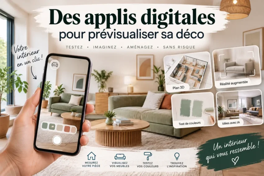 grand titre noir sur fond clair en haut, salon moderne avec canape vert et smartphone en premier plan