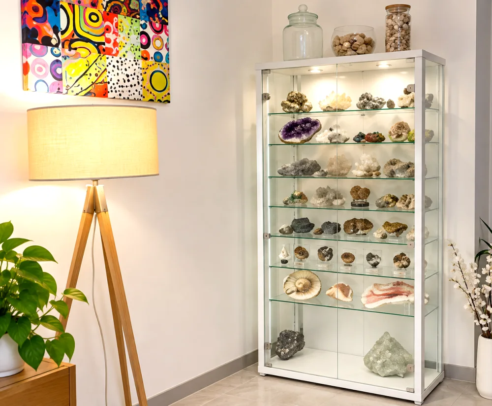 Vitrine en verre blanche à droite, pleine de roches et cristaux sur des étagères, lampadaire et plante sur la gauche, tableau coloré au mur.