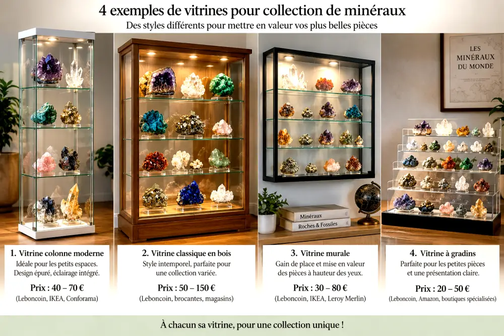 Quatre vitrines en verre exposent des minéraux et cristaux colorés, rangés sur des étagères; une table avec livres et globe se voit à proximité.